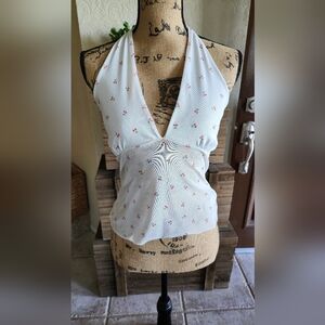 White Halter Top With Cherry Heart Pattern